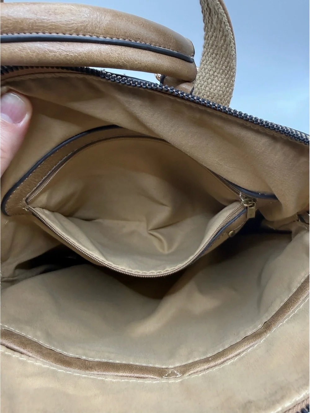 Tan Faux Leather Backpack with Front and Interior Zipper Pck